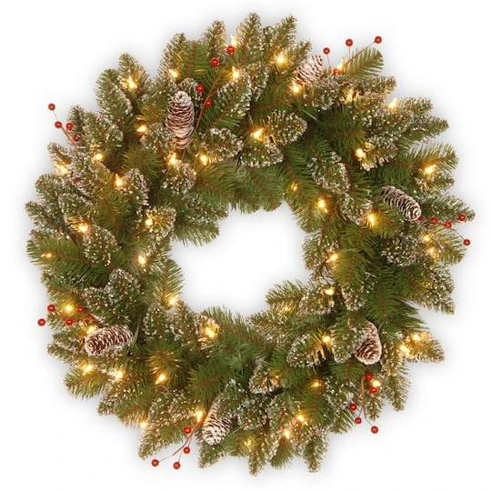 24" Glittery White Edged Cones & Red Berries Mountain Spruce Wreath With Warm White LED Lights 1 24" Glittery White Edged Cones & Red Berries Mountain Spruce Wreath With Warm White LED Lights