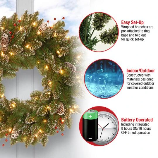 24" Glittery White Edged Cones & Red Berries Mountain Spruce Wreath With Warm White LED Lights 6 24" Glittery White Edged Cones & Red Berries Mountain Spruce Wreath With Warm White LED Lights - Image 6