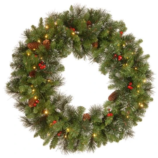 30" Crestwood® Spruce Wreath With Cones, Red Berries, Glitter & 70ct. Warm White Battery Operated LED Lights With Timer 1 30" Crestwood® Spruce Wreath With Cones, Red Berries, Glitter & 70ct. Warm White Battery Operated LED Lights With Timer