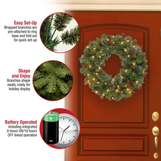 30" Crestwood® Spruce Wreath With Cones, Red Berries, Glitter & 70ct. Warm White Battery Operated LED Lights With Timer 6 30" Crestwood® Spruce Wreath With Cones, Red Berries, Glitter & 70ct. Warm White Battery Operated LED Lights With Timer - Image 6