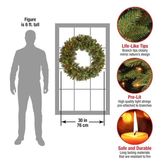 30" Crestwood® Spruce Wreath With Cones, Red Berries, Glitter & 70ct. Warm White Battery Operated LED Lights With Timer 5 30" Crestwood® Spruce Wreath With Cones, Red Berries, Glitter & 70ct. Warm White Battery Operated LED Lights With Timer - Image 5