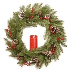 24" Feel Real® Bristle Berry Wreath With Red Electronic Candle, Red Berries & Cones