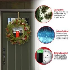 24" Feel Real® Bristle Berry Wreath With Red Electronic Candle, Red Berries & Cones -Northlight Shop D206627S 15