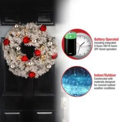 24" Snowy Bristle Pine Wreaths With Red & Silver Ornaments & Warm White LED Lights 11 24" Snowy Bristle Pine Wreaths With Red & Silver Ornaments & Warm White LED Lights -Northlight Shop D206633S 15