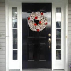 24" Snowy Bristle Pine Wreaths With Red & Silver Ornaments & Warm White LED Lights 8 24" Snowy Bristle Pine Wreaths With Red & Silver Ornaments & Warm White LED Lights -Northlight Shop D206633S 2