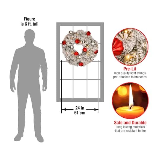 24" Snowy Bristle Pine Wreaths With Red & Silver Ornaments & Warm White LED Lights 5 24" Snowy Bristle Pine Wreaths With Red & Silver Ornaments & Warm White LED Lights - Image 5