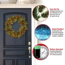 24" Feel Real® Classical Collection Wreath With Red Berries, Cedar Leaves & Warm White LED Lights -Northlight Shop D206637S 15