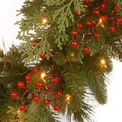 24" Feel Real® Classical Collection Wreath With Red Berries, Cedar Leaves & Warm White LED Lights -Northlight Shop D206637S 3