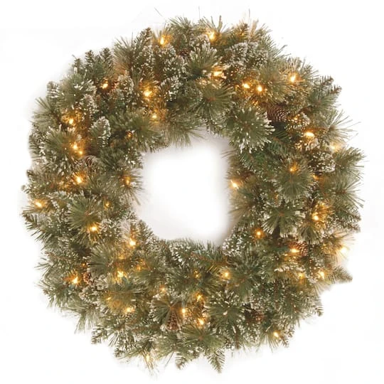 24" Glittery Bristle® Pine Wreath With Pine Cones & Warm White LED Lights 1 24" Glittery Bristle® Pine Wreath With Pine Cones & Warm White LED Lights