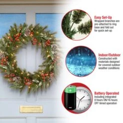 24" Frosted Pine Berry Collection Wreaths With Pine Cones, Red Berries, Silver Glittered Eucalyptus Leaves & Warm White LED Lights -Northlight Shop D206665S 15