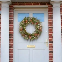 24" Frosted Pine Berry Collection Wreaths With Pine Cones, Red Berries, Silver Glittered Eucalyptus Leaves & Warm White LED Lights -Northlight Shop D206665S 2