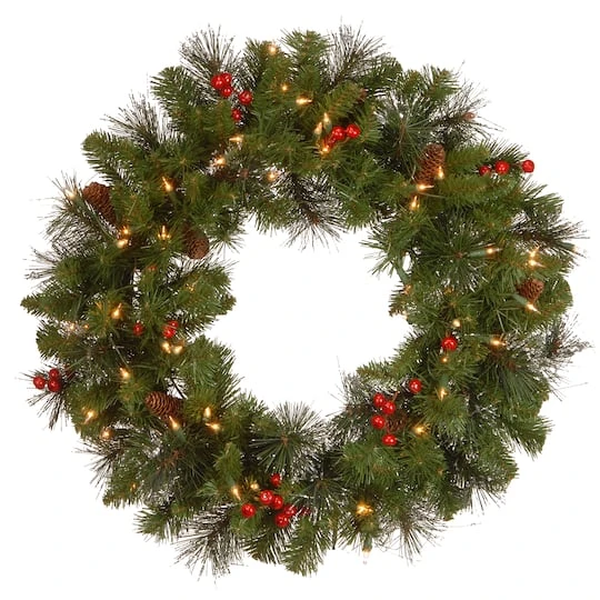 24" Crestwood® Spruce Wreath With Silver Bristle, Pine Cones, Red Berries & Glitter With Clear Lights 2 24" Crestwood® Spruce Wreath With Silver Bristle, Pine Cones, Red Berries & Glitter With Clear Lights - Image 2