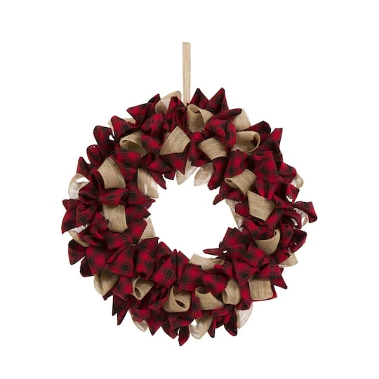 Glitzhome® 19" Christmas Plaid Fabric Wreath 1 Glitzhome® 19" Christmas Plaid Fabric Wreath