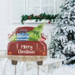 Glitzhome® 32" Christmas Rusty Metal Truck Yard Stake -Northlight Shop D231754S 3