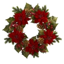 24" Poinsettia, Berry And Golden Pinecone Artificial Wreath