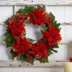 24" Poinsettia, Berry And Golden Pinecone Artificial Wreath -Northlight Shop D251358S 14