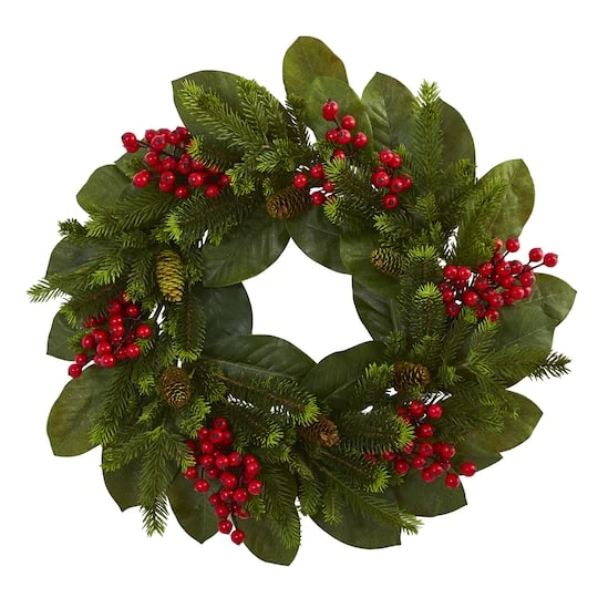 24" Magnolia Leaf, Berry & Pine Artificial Wreath 1 24" Magnolia Leaf, Berry & Pine Artificial Wreath