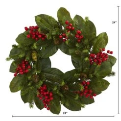 24" Magnolia Leaf, Berry & Pine Artificial Wreath 8 24" Magnolia Leaf, Berry & Pine Artificial Wreath -Northlight Shop D251362S 12