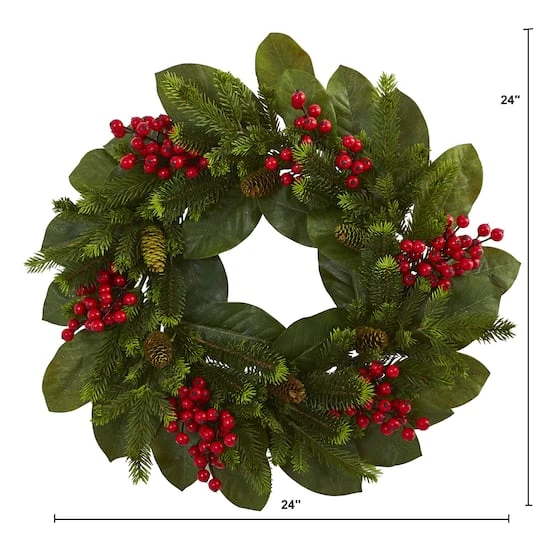 24" Magnolia Leaf, Berry & Pine Artificial Wreath 3 24" Magnolia Leaf, Berry & Pine Artificial Wreath - Image 3