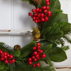 24" Magnolia Leaf, Berry & Pine Artificial Wreath 9 24" Magnolia Leaf, Berry & Pine Artificial Wreath -Northlight Shop D251362S 13