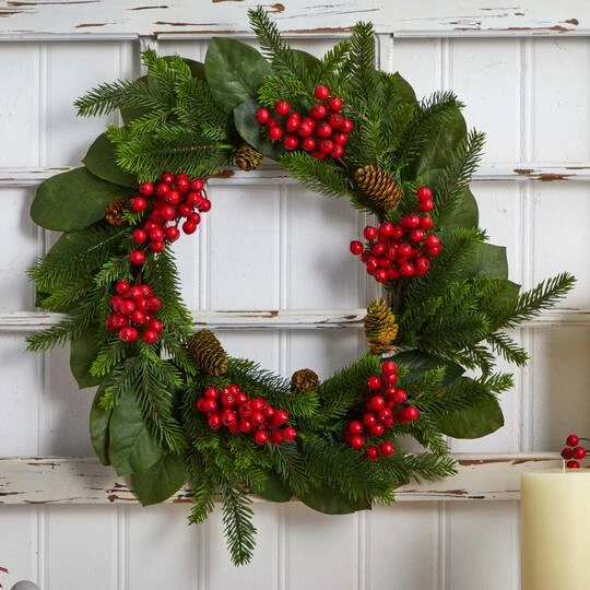 24" Magnolia Leaf, Berry & Pine Artificial Wreath 6 24" Magnolia Leaf, Berry & Pine Artificial Wreath - Image 6