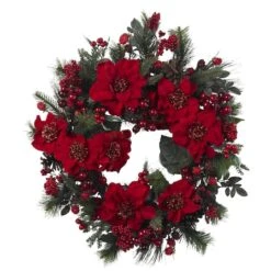 24" Red Poinsettia & Berry Wreath -Northlight Shop D251370S 12