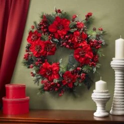24" Red Poinsettia & Berry Wreath -Northlight Shop D251370S 14