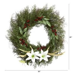 20" Cedar, Lilies & Berries With Antlers Wreath -Northlight Shop D251377S 2