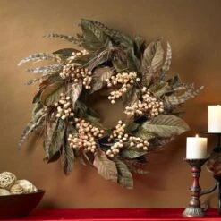 24" Green Feather & Berry Wreath -Northlight Shop D251378S 3