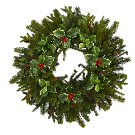 22" Pinecone & Holly Leaf Artificial Wreath 2 22" Pinecone & Holly Leaf Artificial Wreath - Image 2