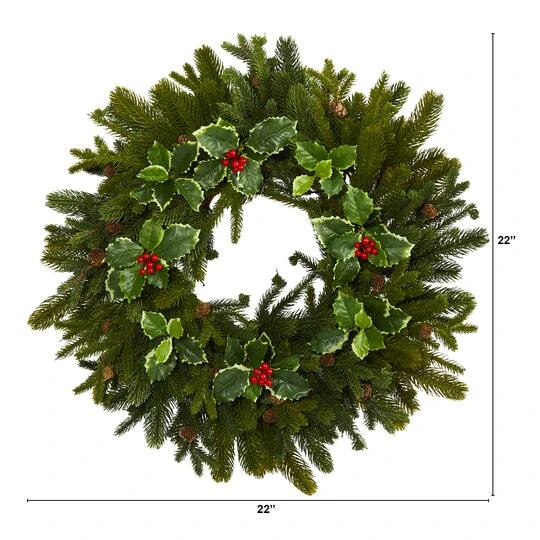 22" Pinecone & Holly Leaf Artificial Wreath 4 22" Pinecone & Holly Leaf Artificial Wreath - Image 4