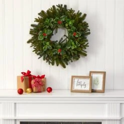 22" Pinecone & Holly Leaf Artificial Wreath 6 22" Pinecone & Holly Leaf Artificial Wreath -Northlight Shop D251380S 3
