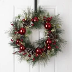 Glitzhome® 24" Pre-Lit Berry, Holly, Pinecone & Red Ornament LED Wreath 10 Glitzhome® 24" Pre-Lit Berry, Holly, Pinecone & Red Ornament LED Wreath -Northlight Shop D253608S 2