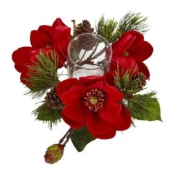 7" Red Magnolia & Pine Candelabrum -Northlight Shop D292859S 3
