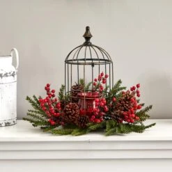 15" Pine & Berry Birdhouse Candelabrum 11 15" Pine & Berry Birdhouse Candelabrum -Northlight Shop D292869S 15