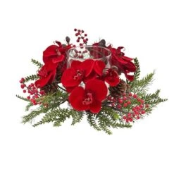 6" Red Orchid, Berry & Pine Holiday Candelabrum