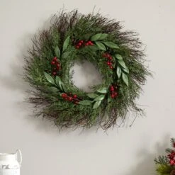 20" Cedar & Ruscus With Berries Wreath -Northlight Shop D292927S 14