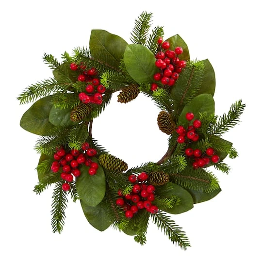 19" Magnolia Leaf, Berry & Pine Artificial Wreath 1 19" Magnolia Leaf, Berry & Pine Artificial Wreath