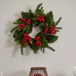 19" Magnolia Leaf, Berry & Pine Artificial Wreath 7 19" Magnolia Leaf, Berry & Pine Artificial Wreath -Northlight Shop D292928S 13