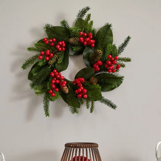 19" Magnolia Leaf, Berry & Pine Artificial Wreath 4 19" Magnolia Leaf, Berry & Pine Artificial Wreath - Image 4
