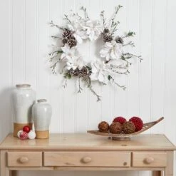24" Snowed Magnolia & Pinecone Wreath 6 24" Snowed Magnolia & Pinecone Wreath -Northlight Shop D292942S 12