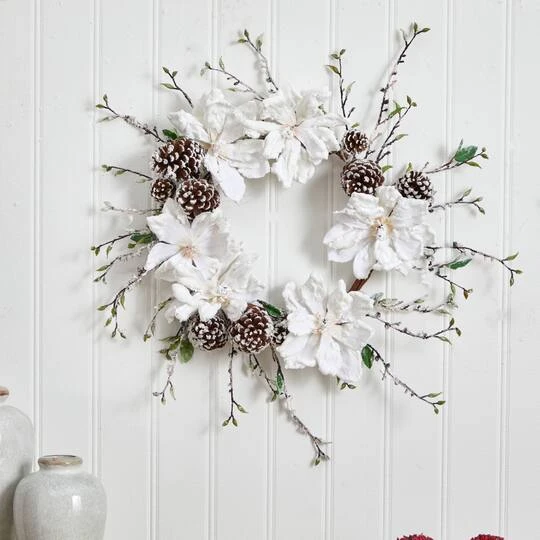 24" Snowed Magnolia & Pinecone Wreath 4 24" Snowed Magnolia & Pinecone Wreath - Image 4