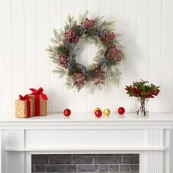 24" Pine & Cedar Wreath With Berries 6 24" Pine & Cedar Wreath With Berries -Northlight Shop D292958S 3