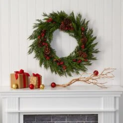 2.6ft. Cypress With Berries & Pinecones Wreath -Northlight Shop D292971S 3
