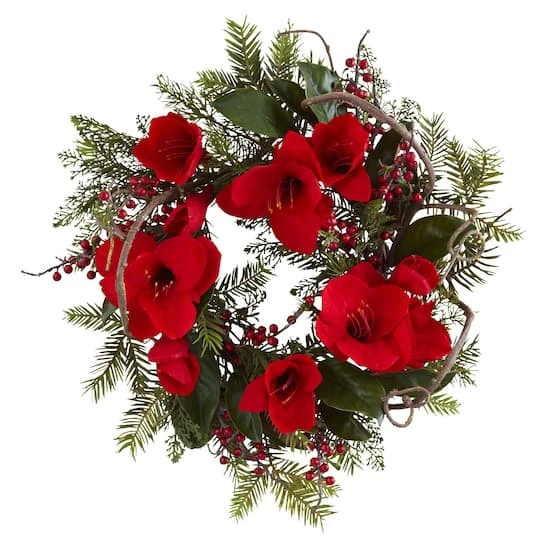 24" Red Amaryllis Wreath 2 24" Red Amaryllis Wreath - Image 2