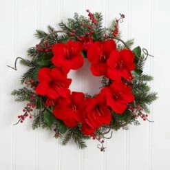24" Red Amaryllis Wreath 7 24" Red Amaryllis Wreath -Northlight Shop D293325S 13