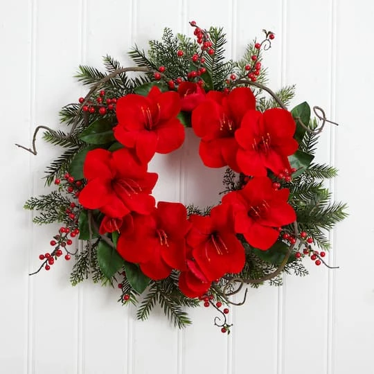 24" Red Amaryllis Wreath 4 24" Red Amaryllis Wreath - Image 4