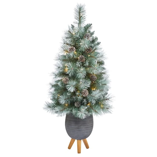 3.5ft. Pre-Lit Frosted Tip British Columbia Mountain Pine Artificial Christmas Tree In Gray Tripod Planter, Clear Lights 2 3.5ft. Pre-Lit Frosted Tip British Columbia Mountain Pine Artificial Christmas Tree In Gray Tripod Planter, Clear Lights - Image 2