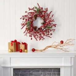24" Frosted Cypress Wreath With Berries & Pinecones 7 24" Frosted Cypress Wreath With Berries & Pinecones -Northlight Shop D322801S 3