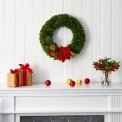 18'' Tea Leaf, Poinsettia & Pine Wreath 7 18'' Tea Leaf, Poinsettia & Pine Wreath -Northlight Shop D322861S 3